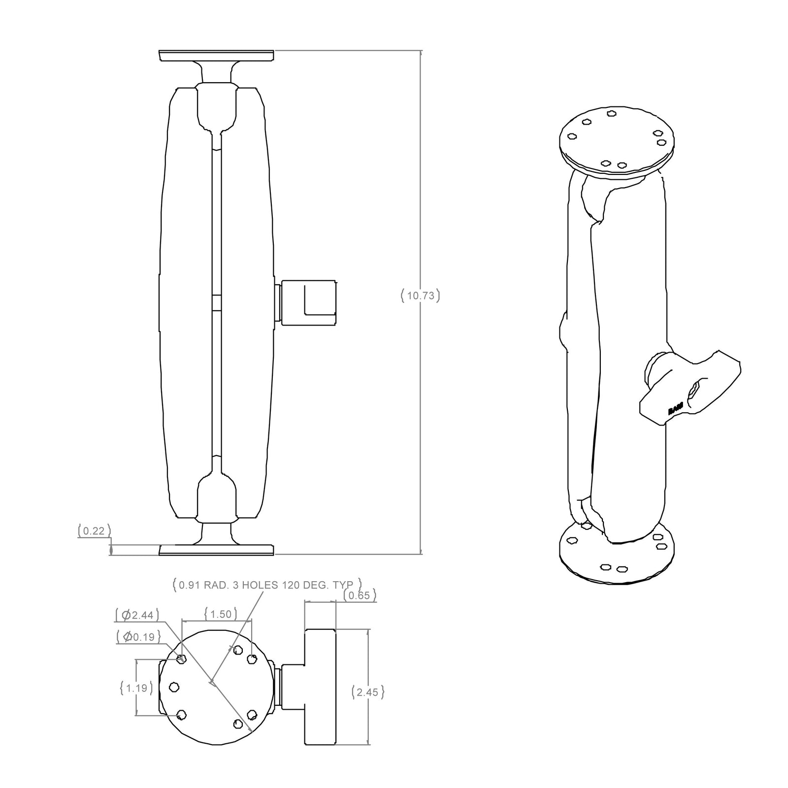 RAM Long Clamp Arm with Round Bases - C Size (RAM-101U-D)