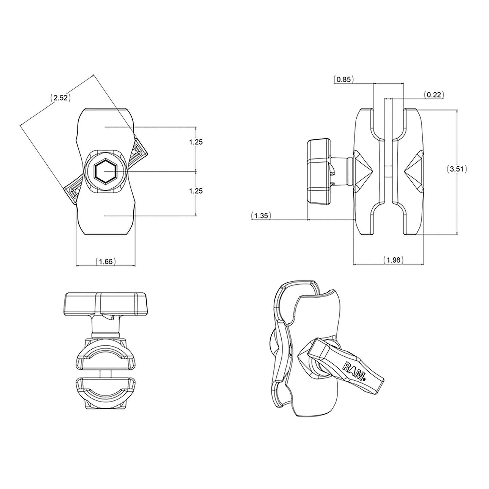 RAM Short Clamp Arm C Size 1.5" (RAM-201U-B)