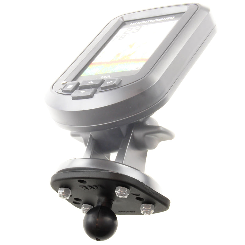 RAM-B-107-1BU fitted beneath an original Humminbird bracket; fishfinder, bracket and fasteners shown for illustration