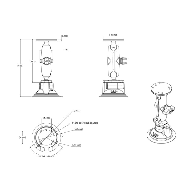 RAM Suction Cup Mount w Arm & Round Adapter (RAM-B-166-202U)