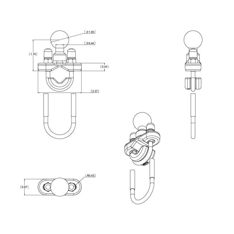 RAM Rail Base 0.5" – 1.25" with U-Bolt & 1" Ball (RAM-B-231ZU)