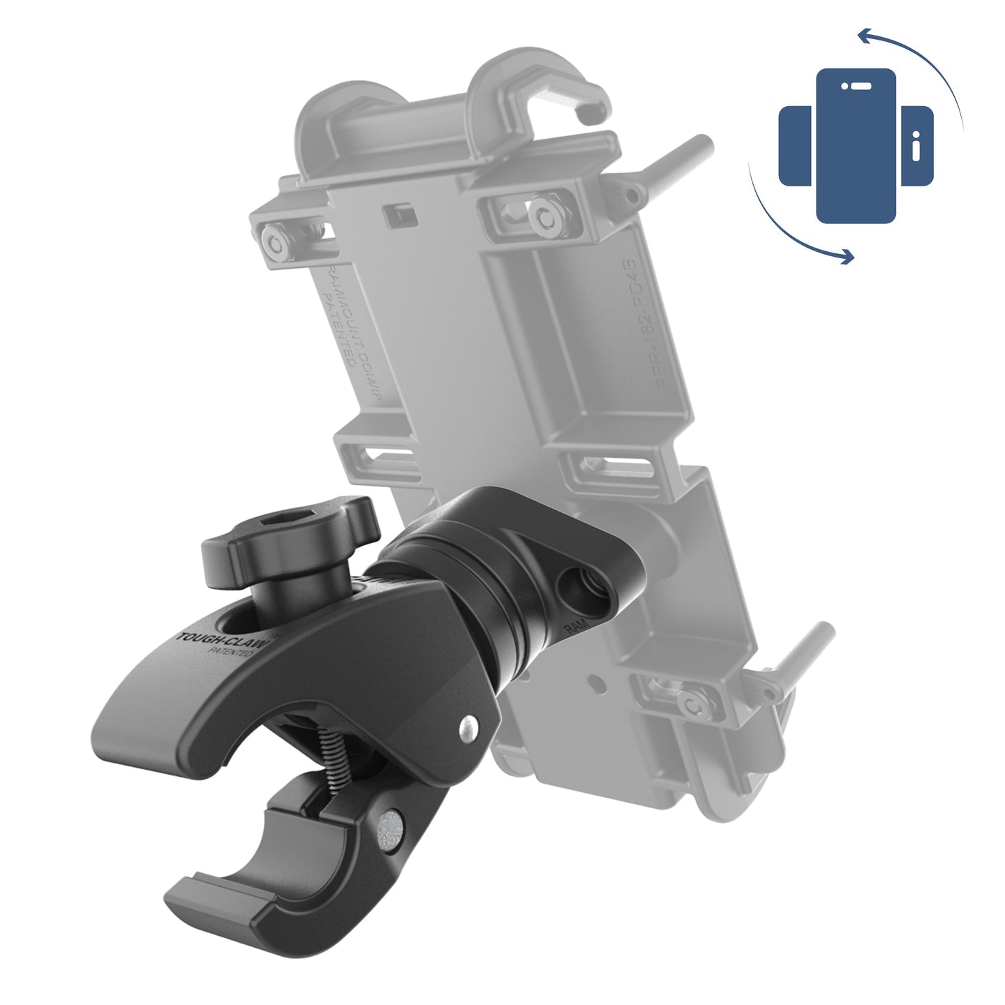 RAM RAP-400-1RU clamp shown with a translucent Quick-Grip holder for illustration; holder sold separately