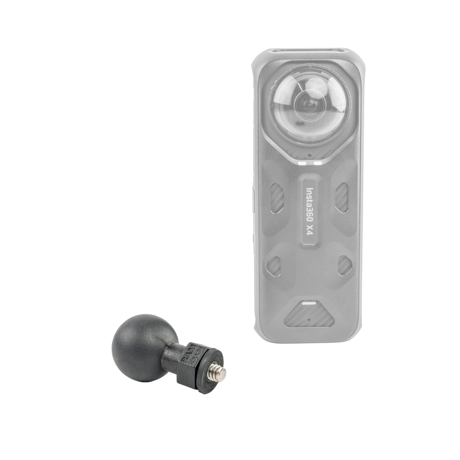 RAP-B-379U-252025-RW separate adapter beside translucent insta360 x4; Camera shown for illustration only; not included.