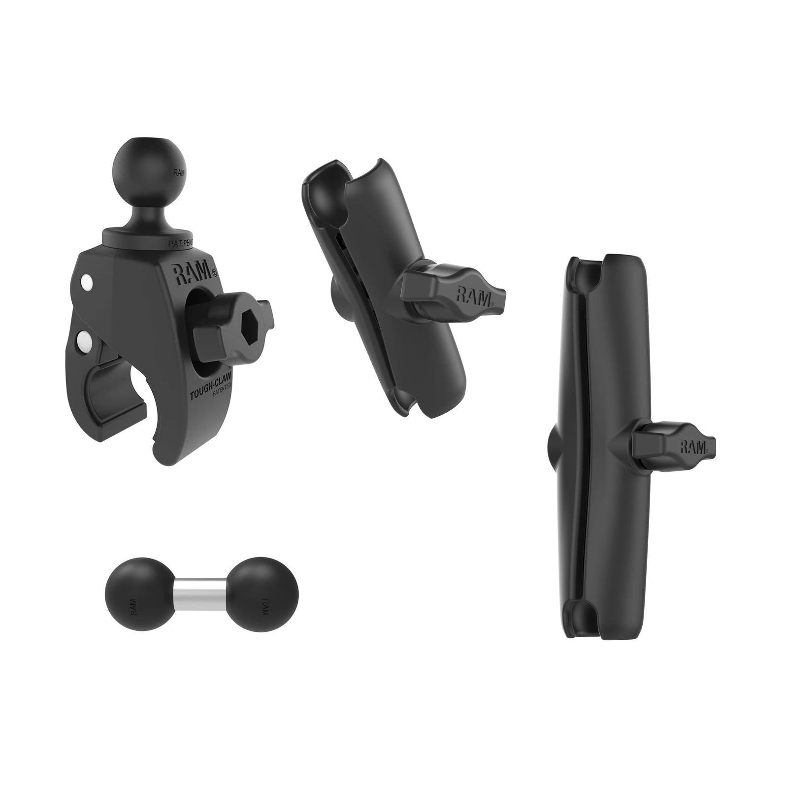 Original manufacturer component images arranged together on white: 1 × RAP-B-400U, 1 × RAM-B-201U, 1 × RAM-B-230U, 1 × RAM-B-201U-C. Components are shown separately; no device holder included.