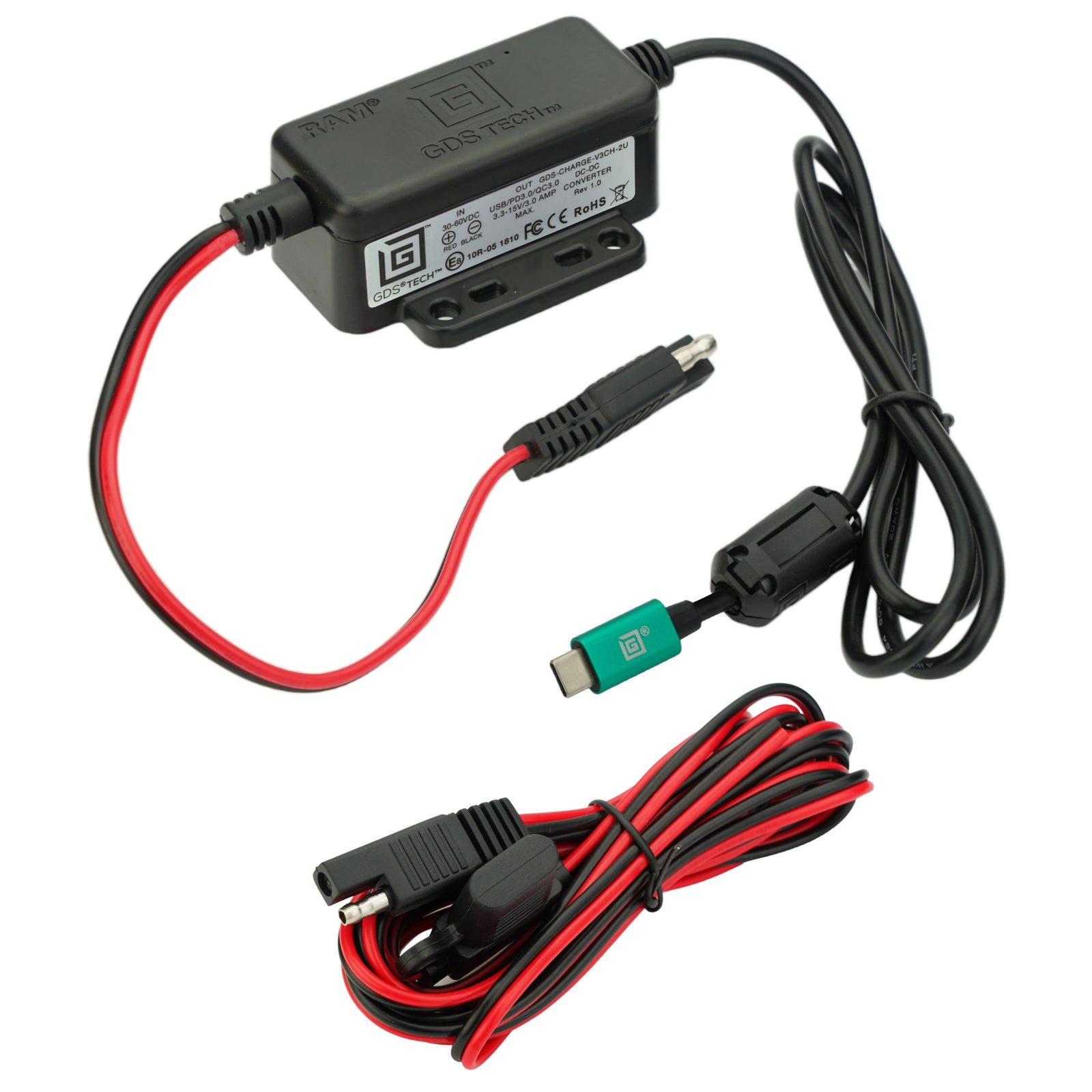 RAM-GDS-CHARGE-V3CH-2U modular 30-64V USB-C hardwire charger with input and output leads