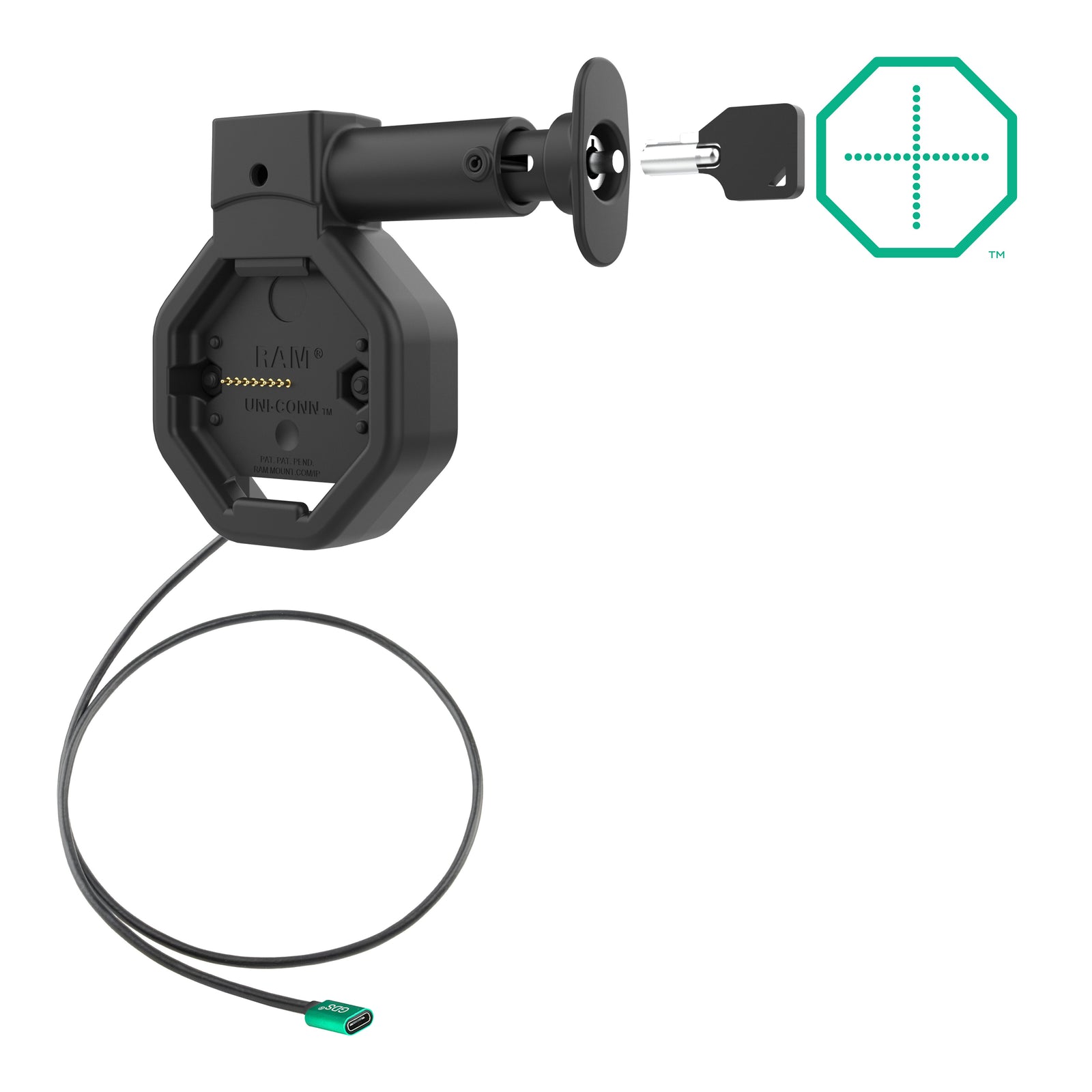 RAM-GDS-DOCKL-U5CPU black rear-pogo USB-C charging dock with key lock and power lead