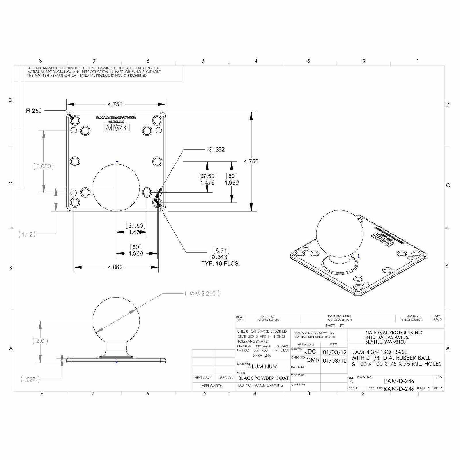 RAM 100 & 75mm VESA Plate with D Ball (RAM-D-246U) - Modest Mounts
