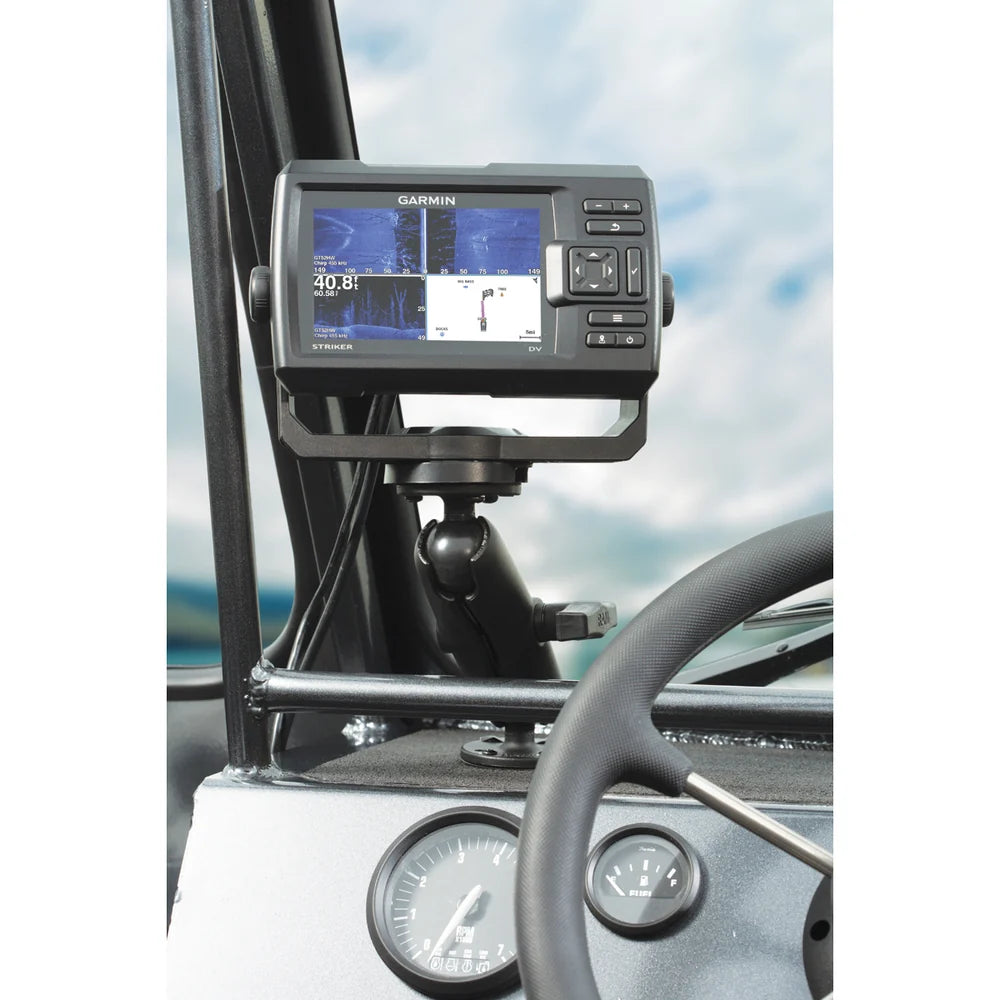 RAM-101-G4 C-size Garmin fishfinder mount in use; fishfinder shown is not included