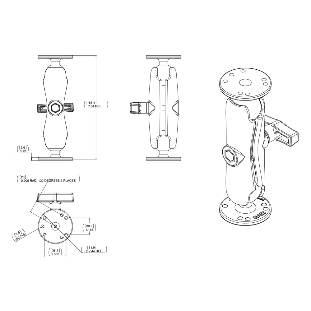 RAM-101-G4 C-size Garmin fishfinder mount assembly and mounting details