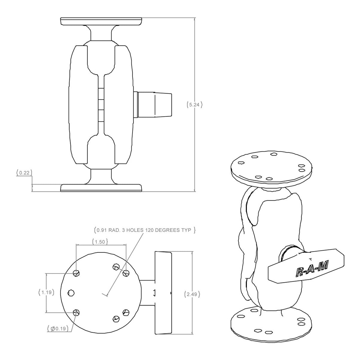 RAM Short Socket Arm Two Round Bases C (RAM-101U-B)
