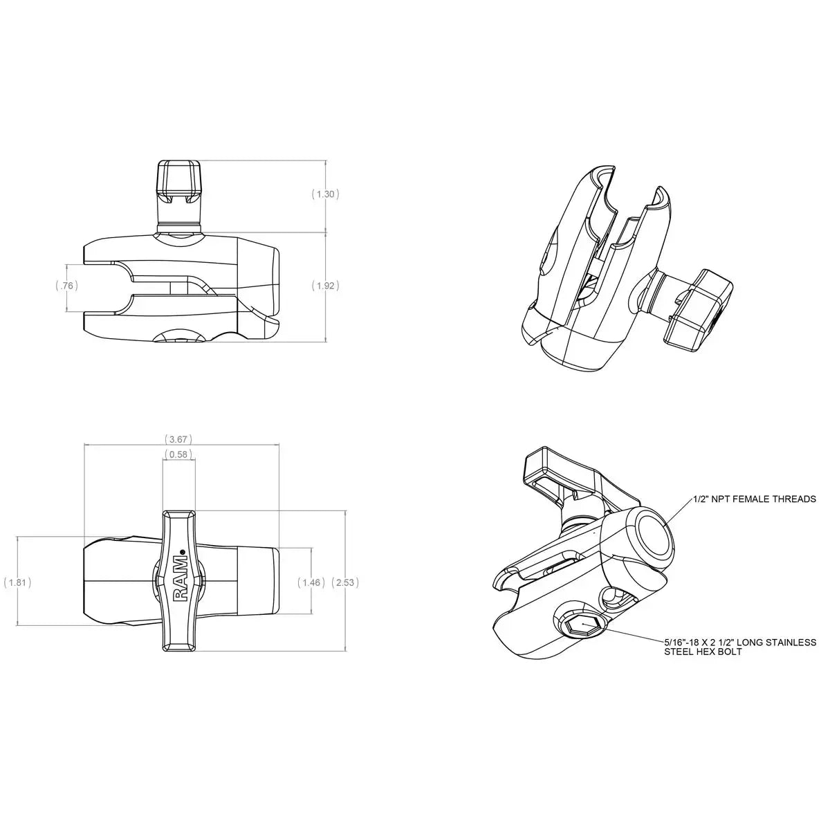 RAM Single Socket Arm C Size Ball & 1/2" NPT Female Thread (RAM-200-1U)