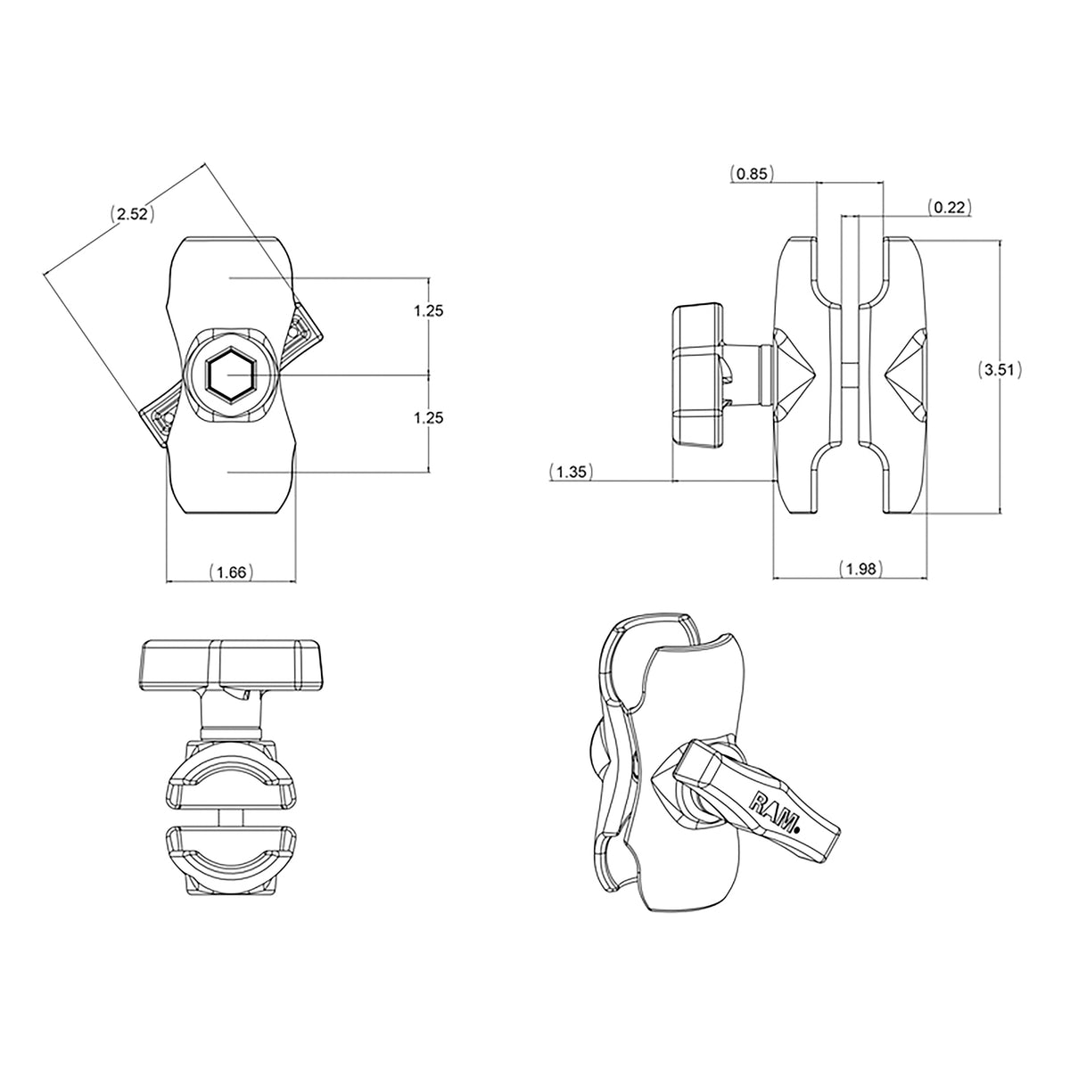 RAM Short Clamp Arm C Size 1.5" (RAM-201U-B)