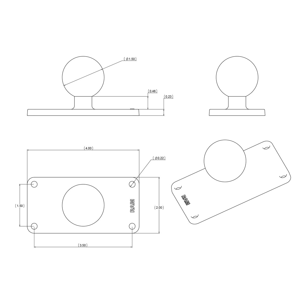 RAM 1.5" Ball with 2" x 4" Base (RAM-202U-24)