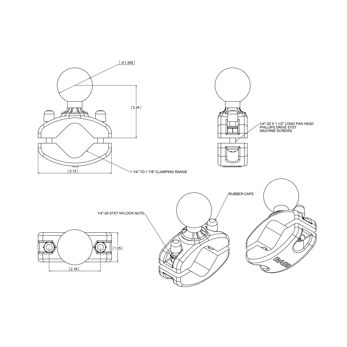 RAM Aluminium Rail Mount 1.5" Ball (RAM-271U-12)