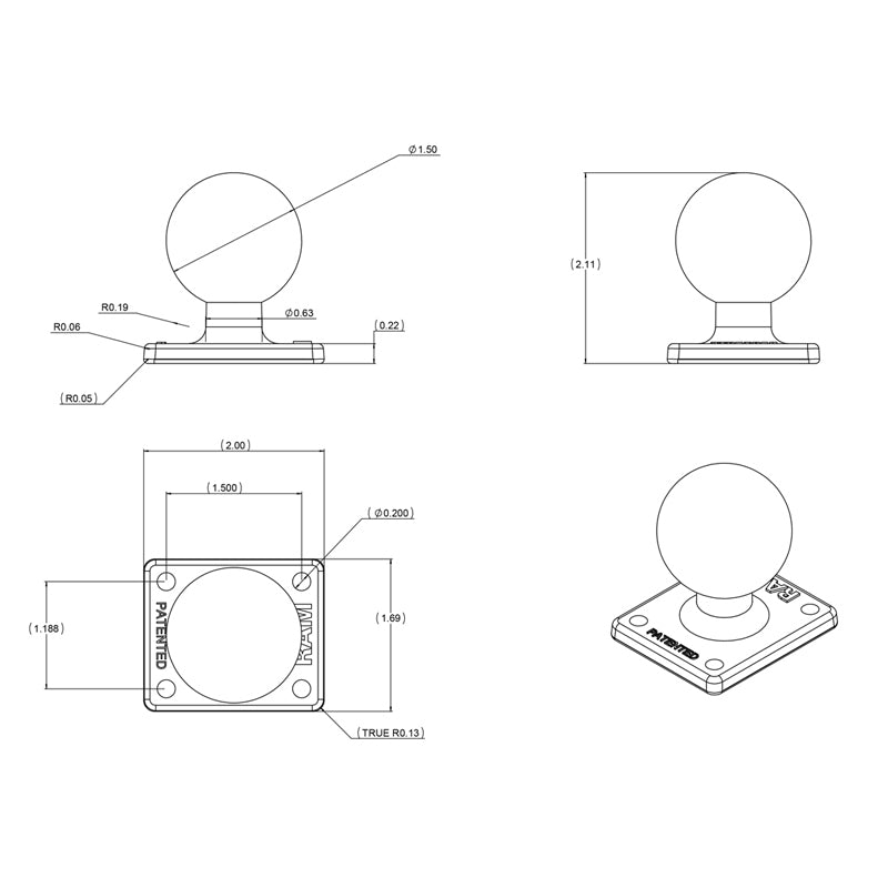 RAM Square Base with 1.5" C Ball (RAM-347U)