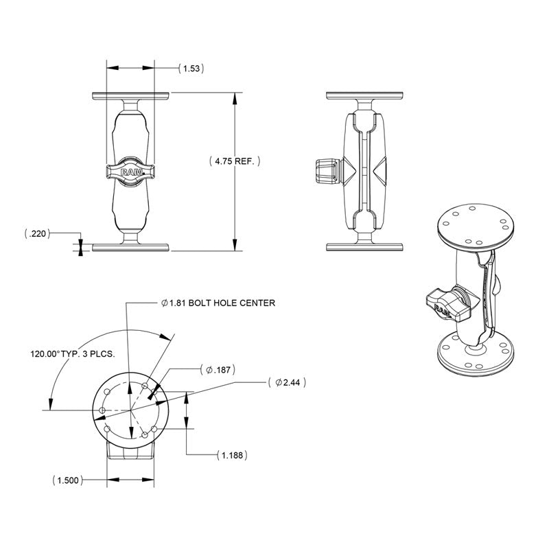 RAM Standard Socket Arm Two Round Bases B (RAM-B-101U)