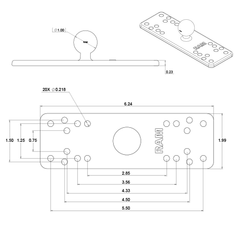RAM 6.25" X 2" Rectangle Base with 1" Ball (RAM-B-111BU)