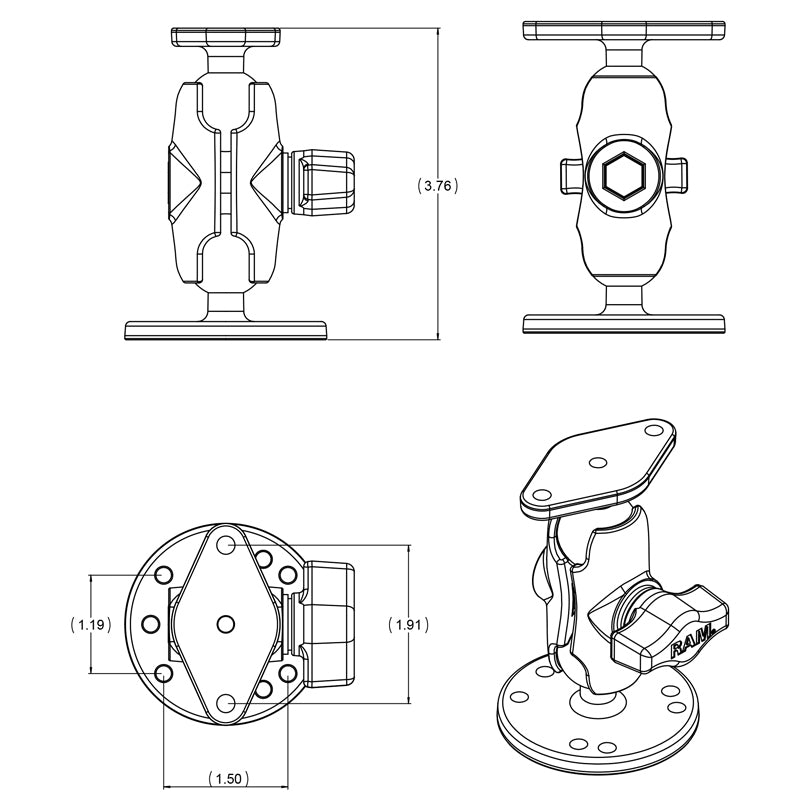 RAM 1" Ball Short Arm 2.5" Diamond Plate Set (RAM-B-138U-A)