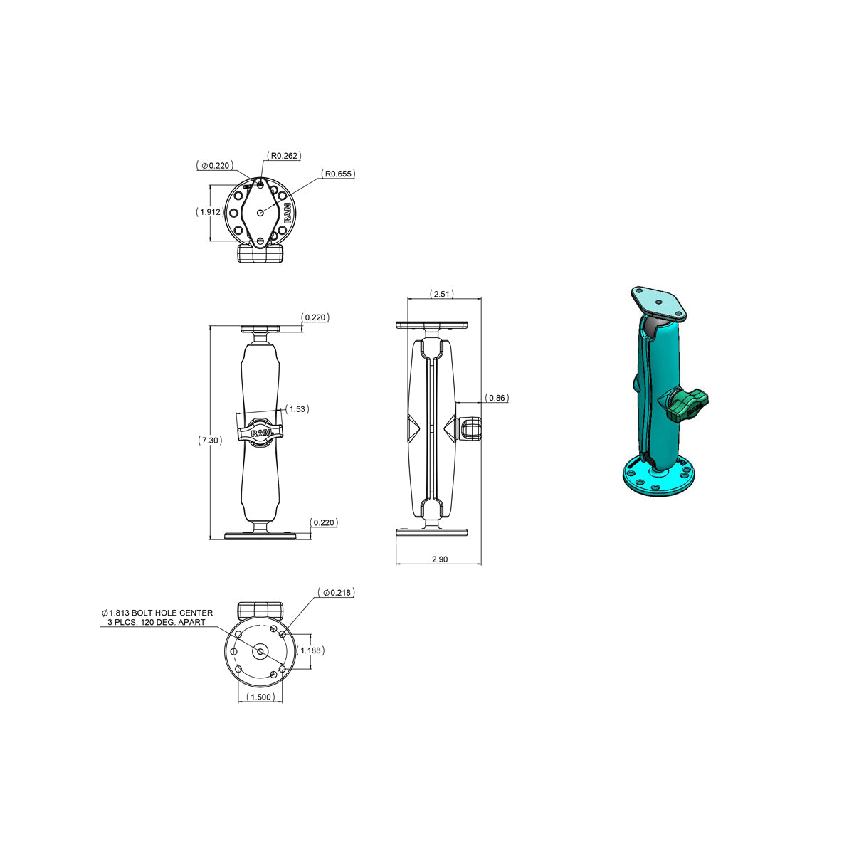 RAM Long Clamp Arm w Round & Diamond Base (RAM-B-138U-C)