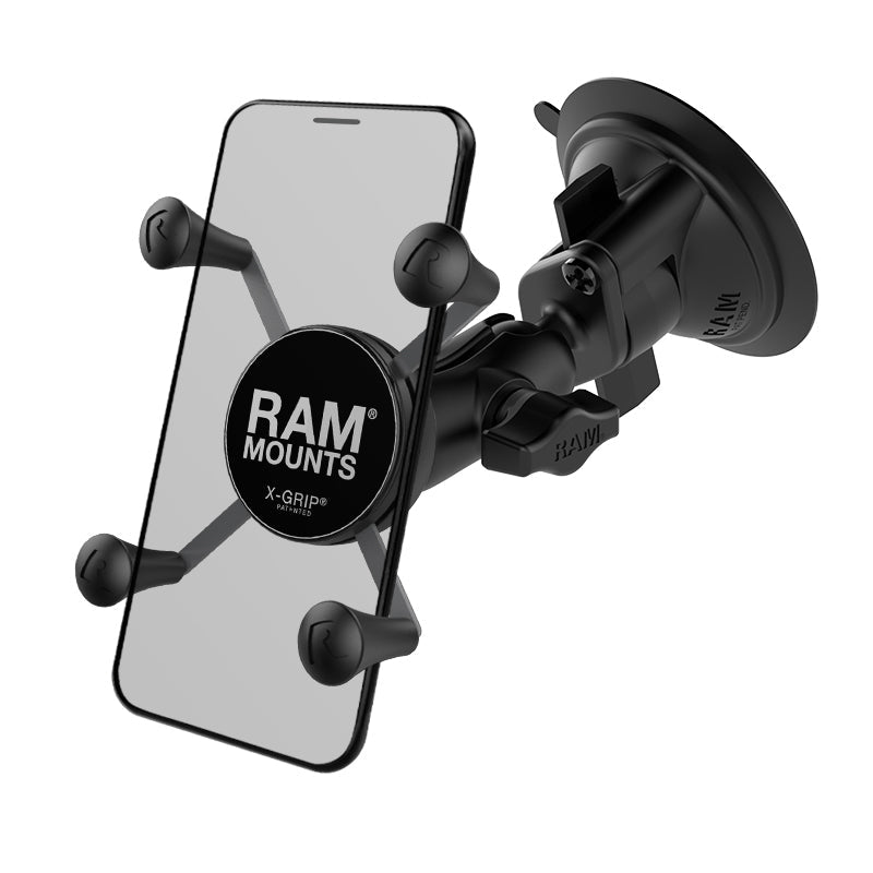RAM-B-166-A-UN7U short-arm X-Grip suction phone mount shown with an example phone, phone not included
