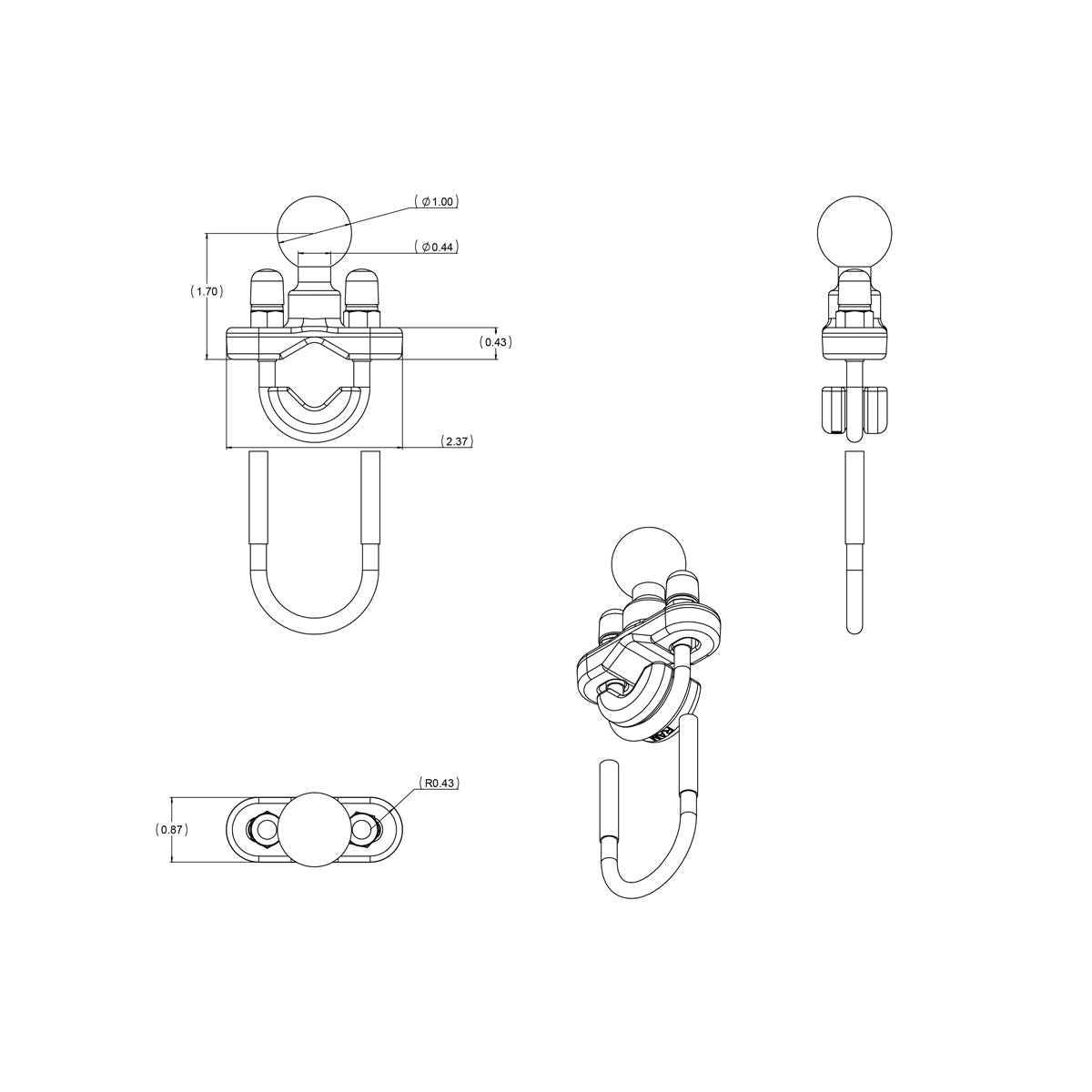 RAM Rail Base with Stainless Steel U-Bolt &amp; 1" Ball (RAM-B-231U)