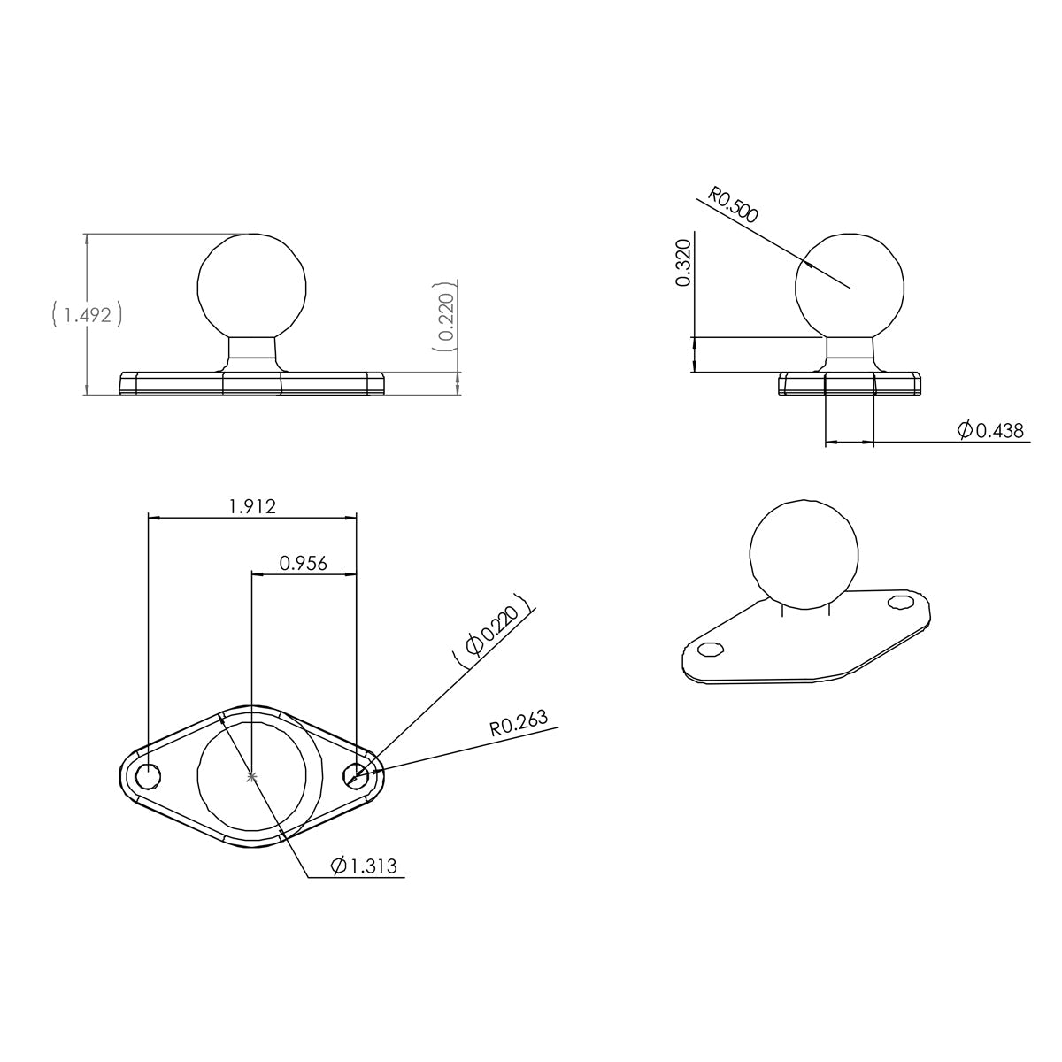RAM Diamond Base with 1" B Size Ball (RAM-B-238U)