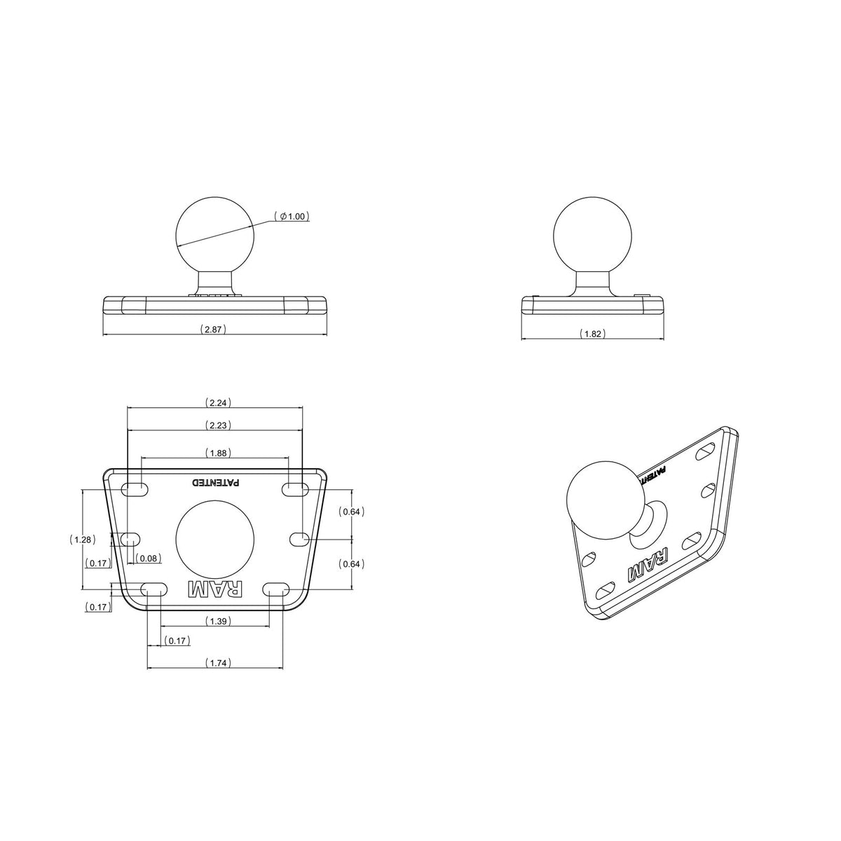 RAM Motorcycle Brake/Clutch Reservoir Base w 1" Ball (RAM-B-345U)