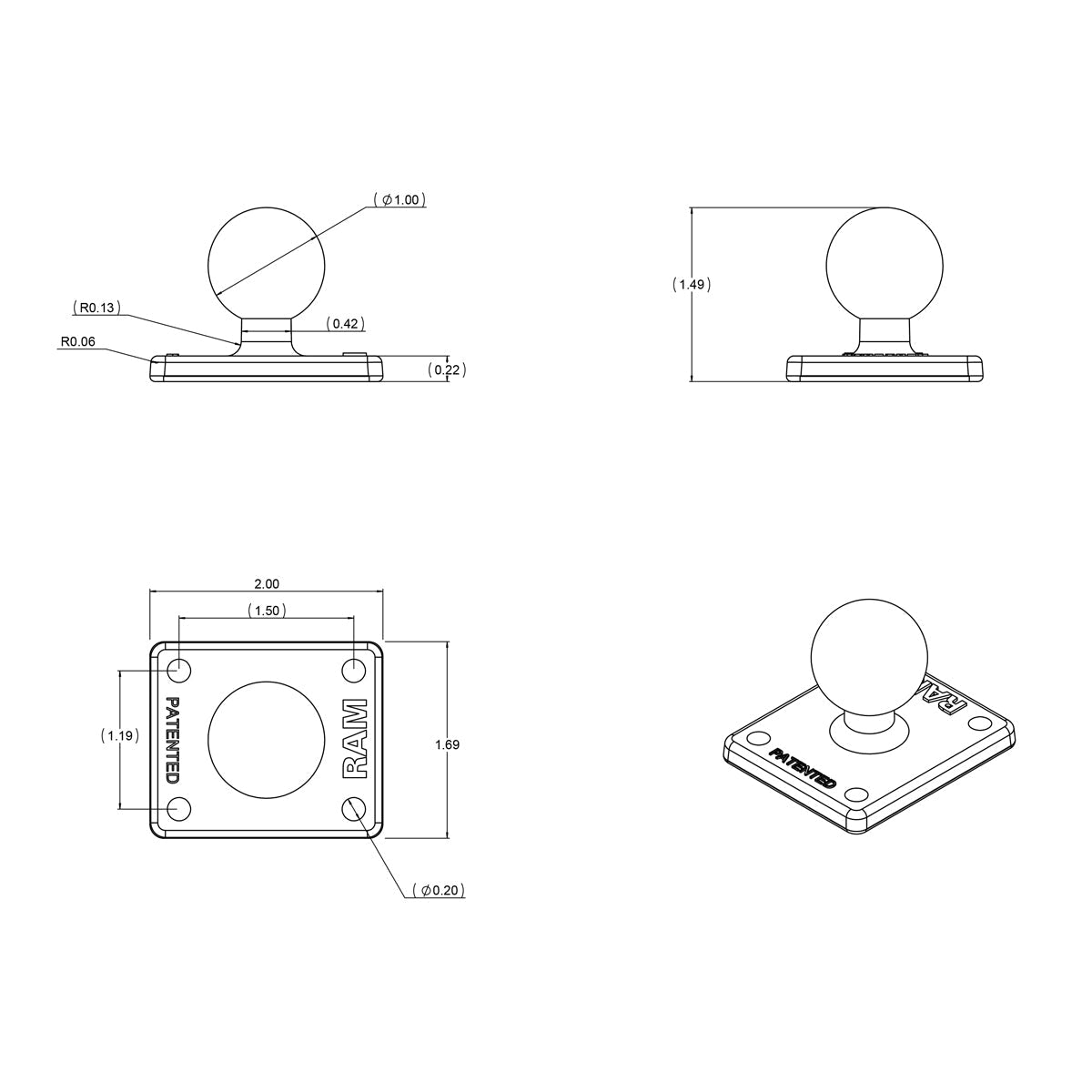 RAM Square Base with 1" B Ball (RAM-B-347U)