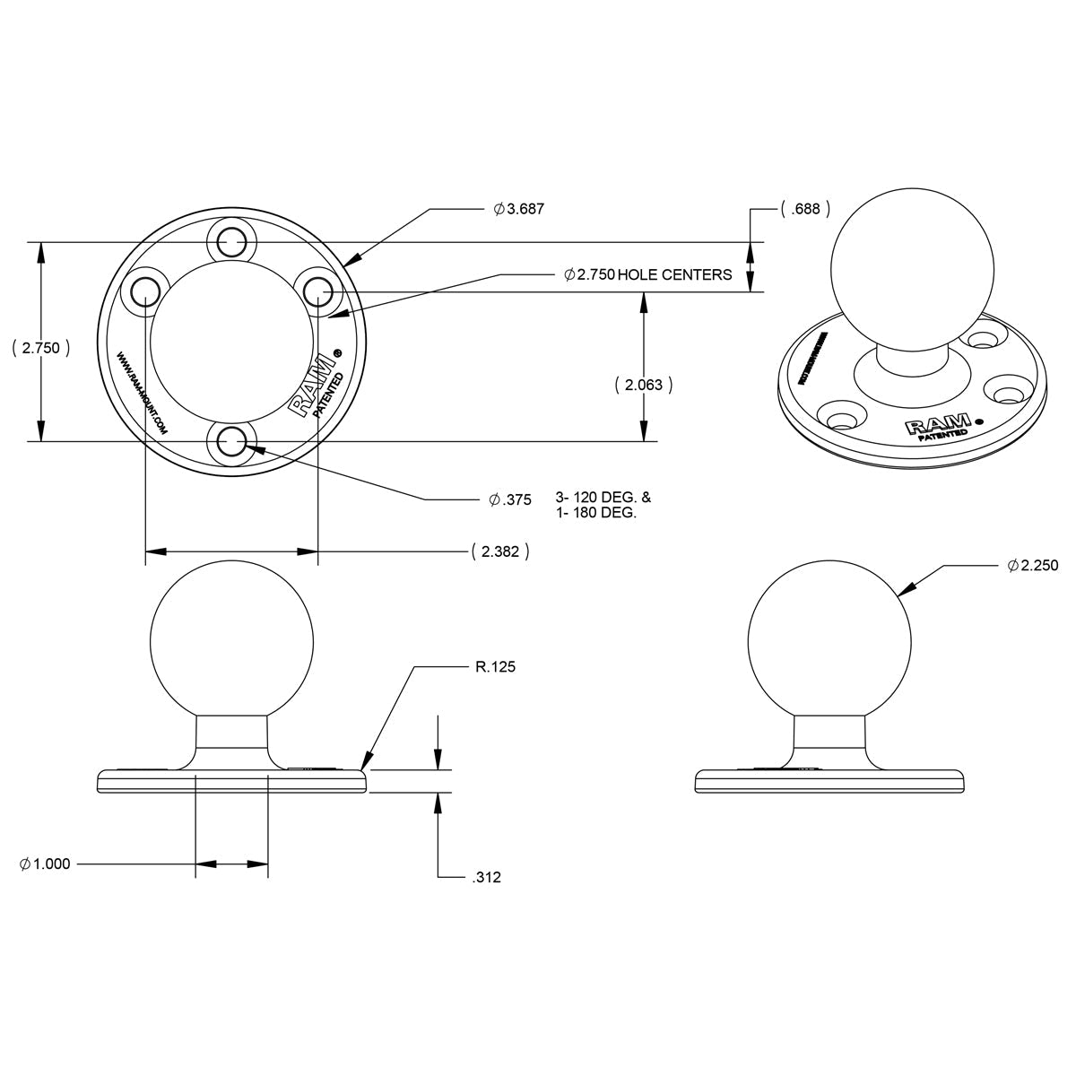 RAM Round Base with 2.25" D Ball (RAM-D-202U)