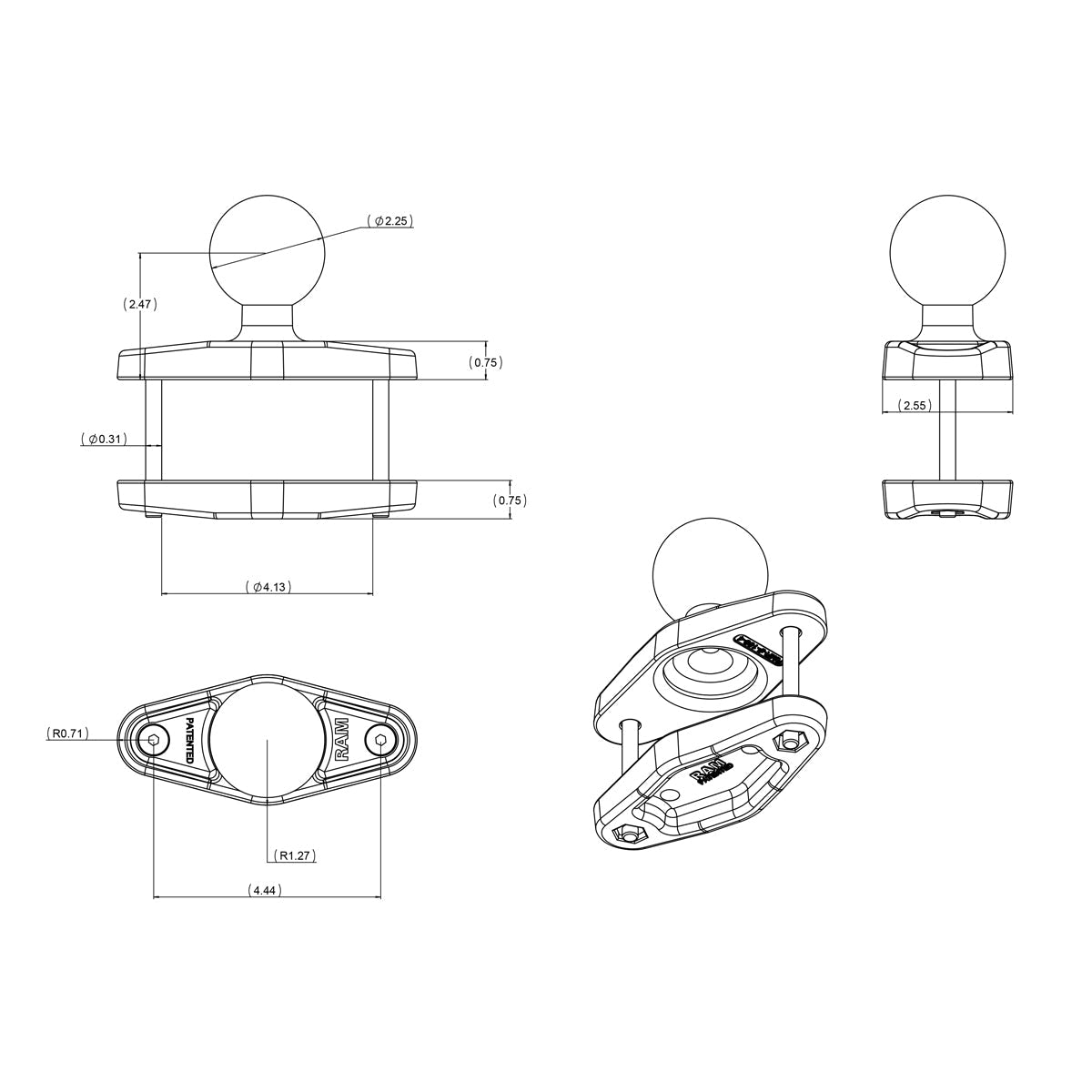 RAM D Size Aluminium Square Rail Clamp 4" (RAM-D-247U-4)