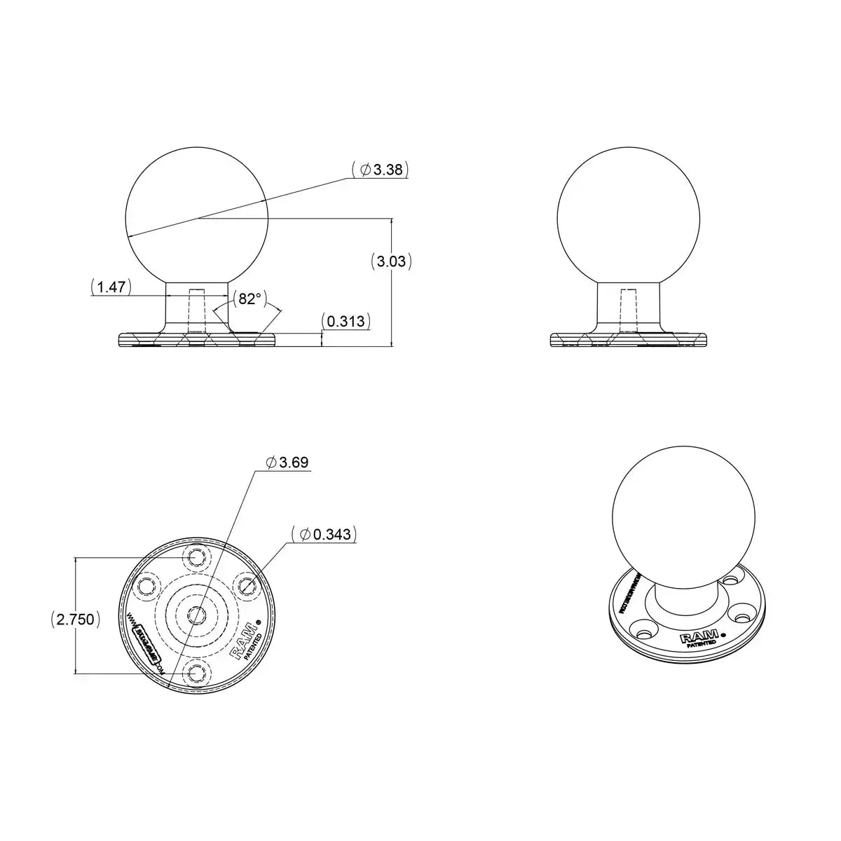 RAM Round Base with 3.38" E Ball (RAM-E-202U)