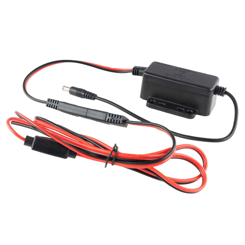 RAM-GDS-CHARGE-V10-1U converter, fused red/black supply lead, two-pole connection and male DC barrel lead.