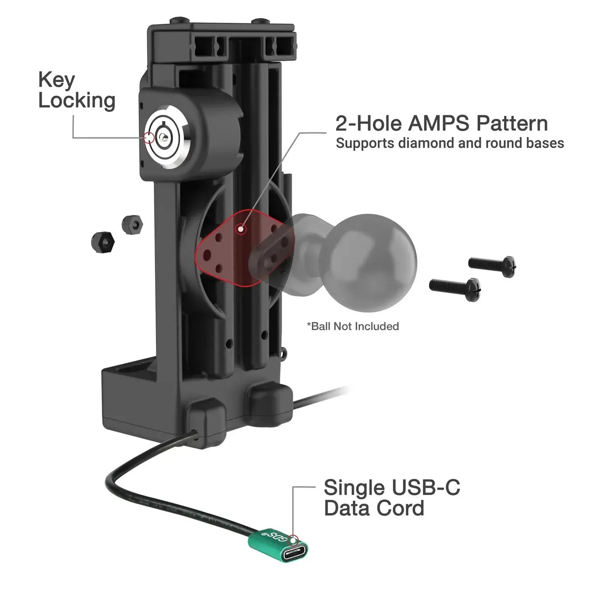 RAM GDS Uni-Conn Locking Spring Loaded Power + Single USB-C Dock (RAM-GDS-DOCKL-V12-U1CP-CU)