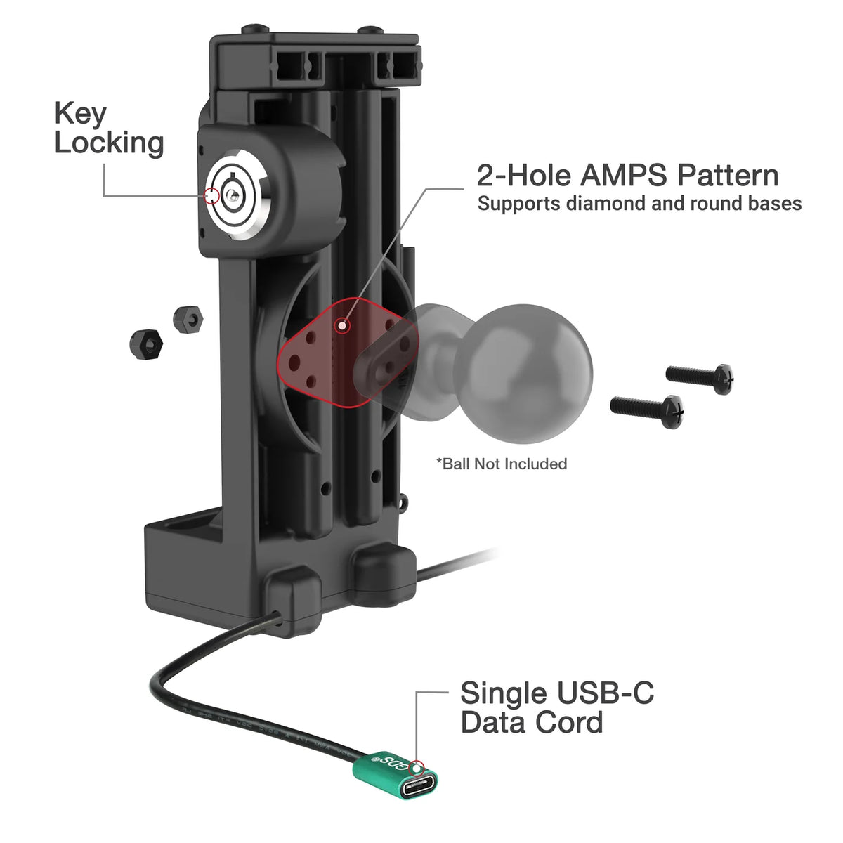 RAM GDS Uni-Conn Locking Spring Loaded Power + Single USB-C Dock (RAM-GDS-DOCKL-V12-U1CP-CU)