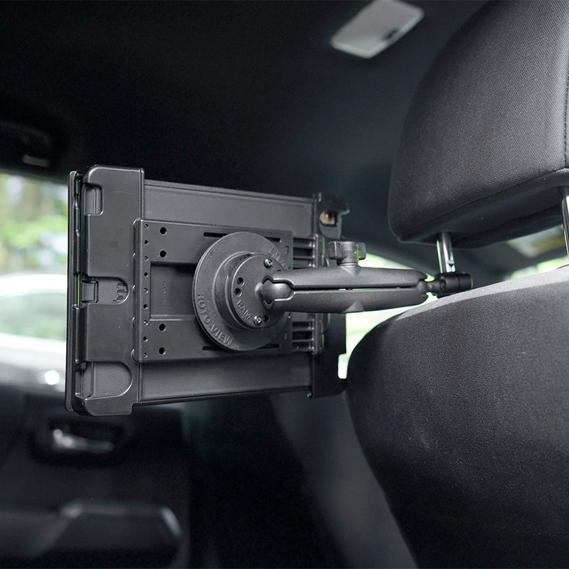 Roto-View fitted between tablet holder and headrest mounting arm, other components sold separately