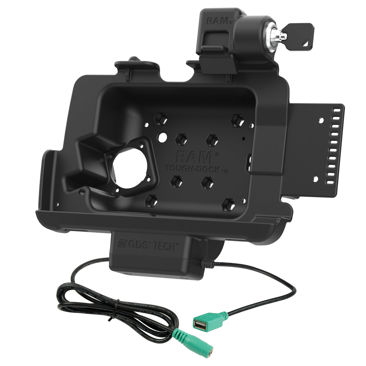 RAM-HOL-ZE20PDKLU empty key-locking 8-inch dock with side bracket and attached power/data leads