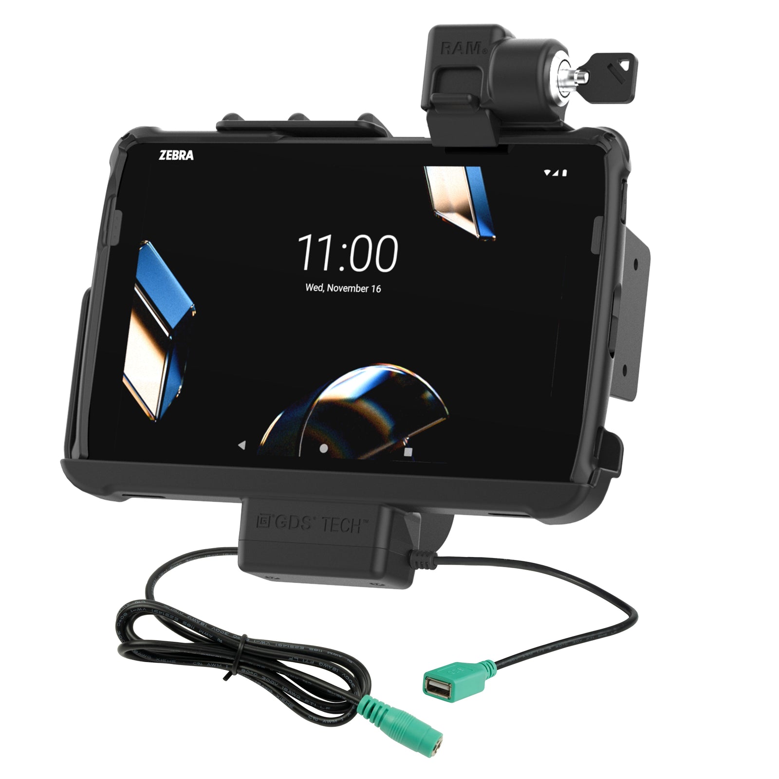 Dock with illustrative Zebra tablet, Rugged Frame and power/data leads. Tablet and Rugged Frame are not included.
