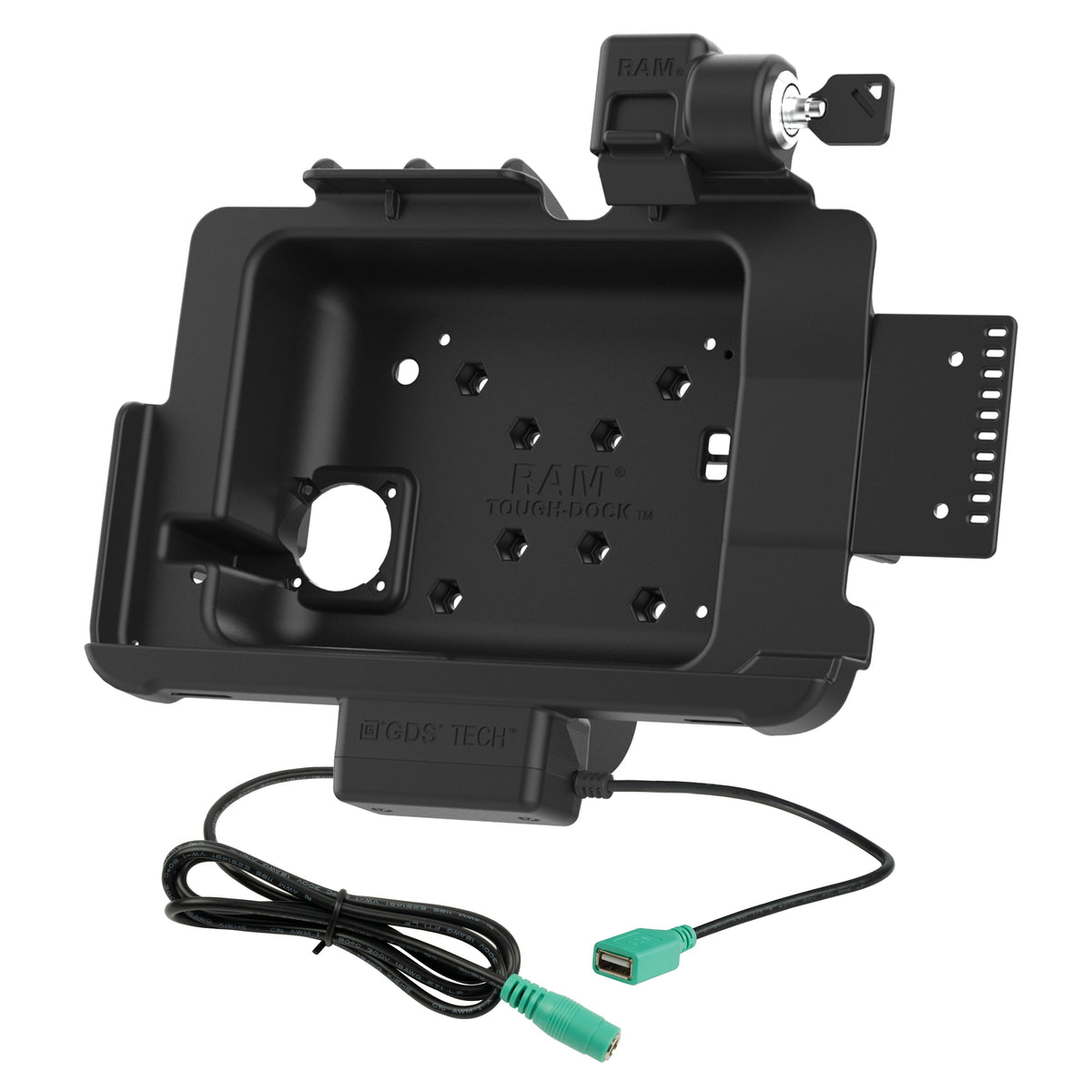 Empty locking dock with side bracket and attached DC/USB-A leads.