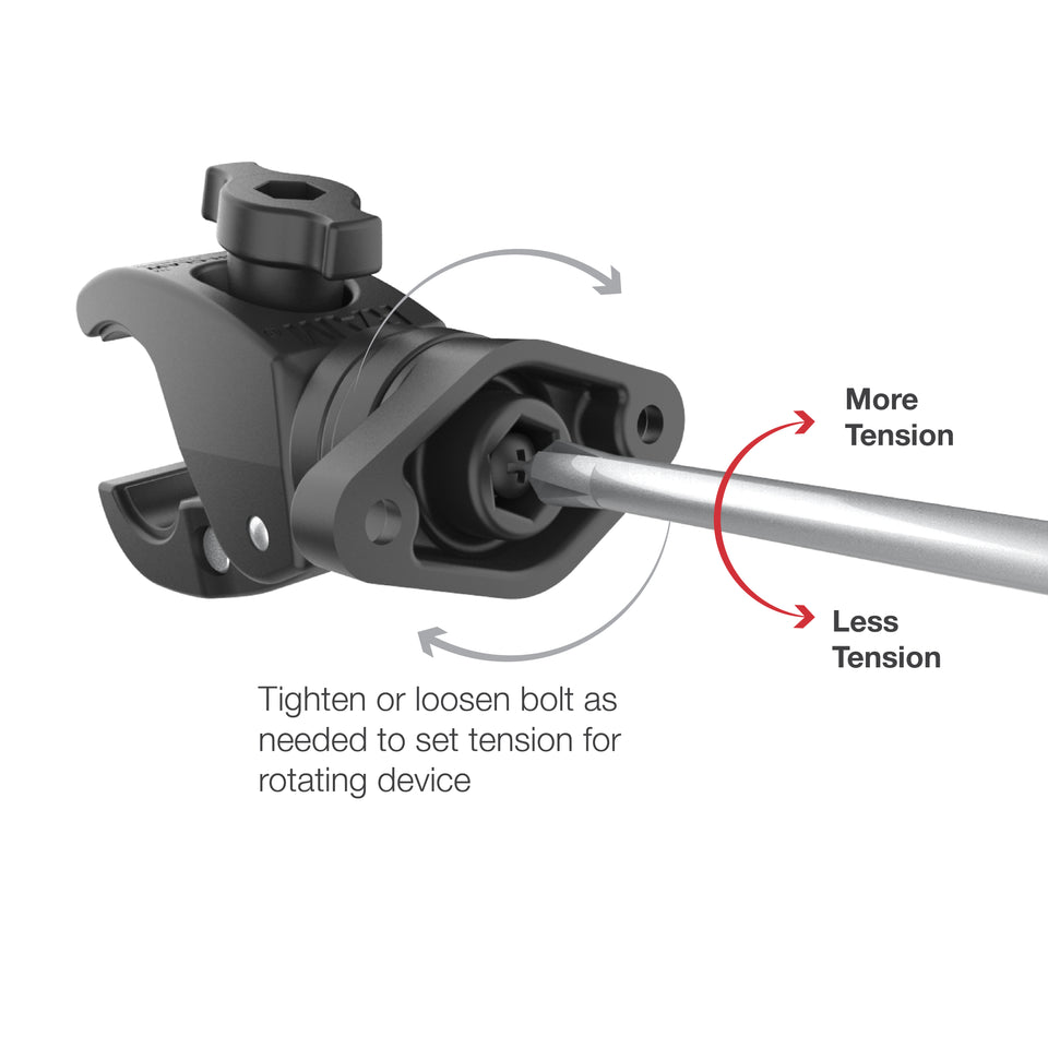 RAP-400-1RU centre-screw rotation tension diagram; screwdriver shown for illustration