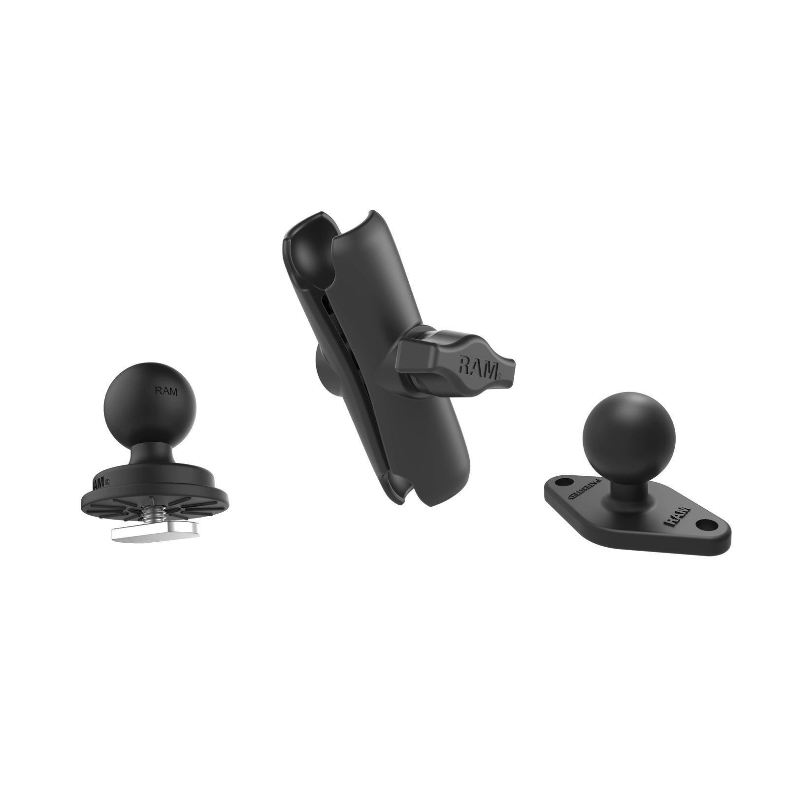 Original manufacturer component images arranged together on white: 1 × RAP-B-354U-TRA1, 1 × RAM-B-201U, 1 × RAM-B-238U. Components are shown separately; no device holder included.