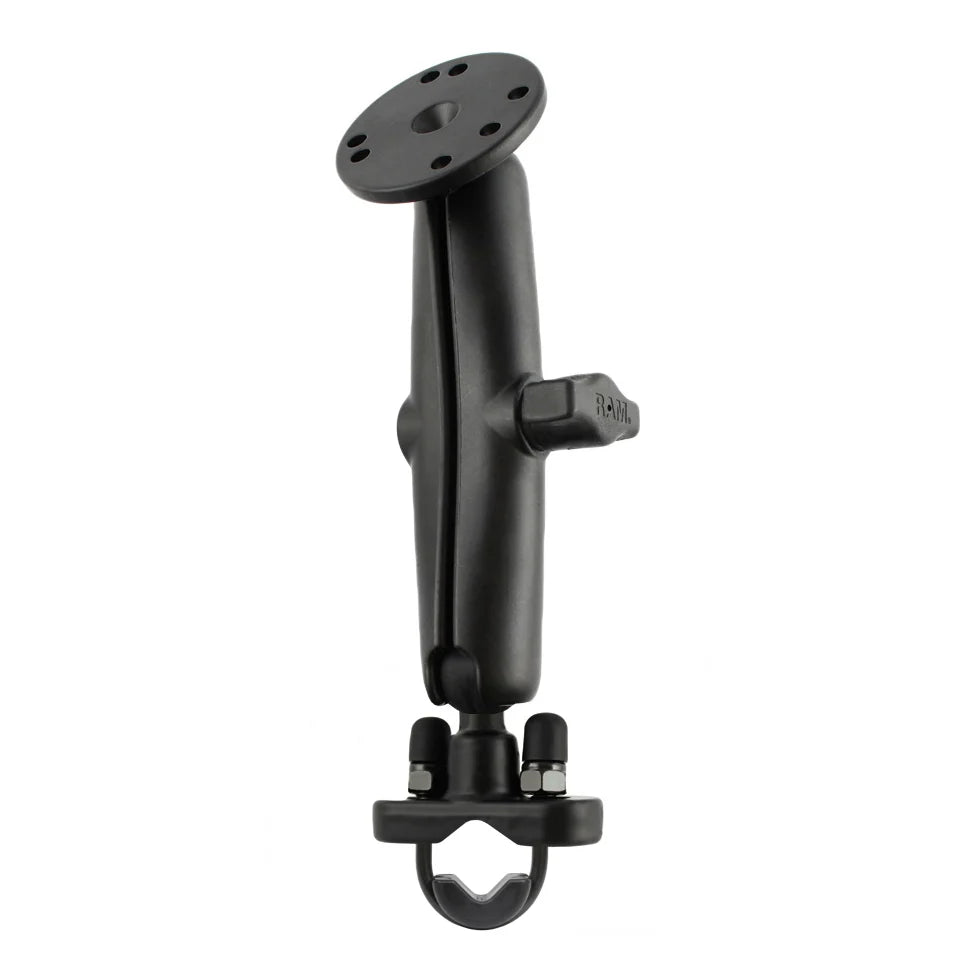 Official RAM image of the identical long B-size arm, zinc U-bolt base and round plate configuration supplied as a Modest Mounts component bundle