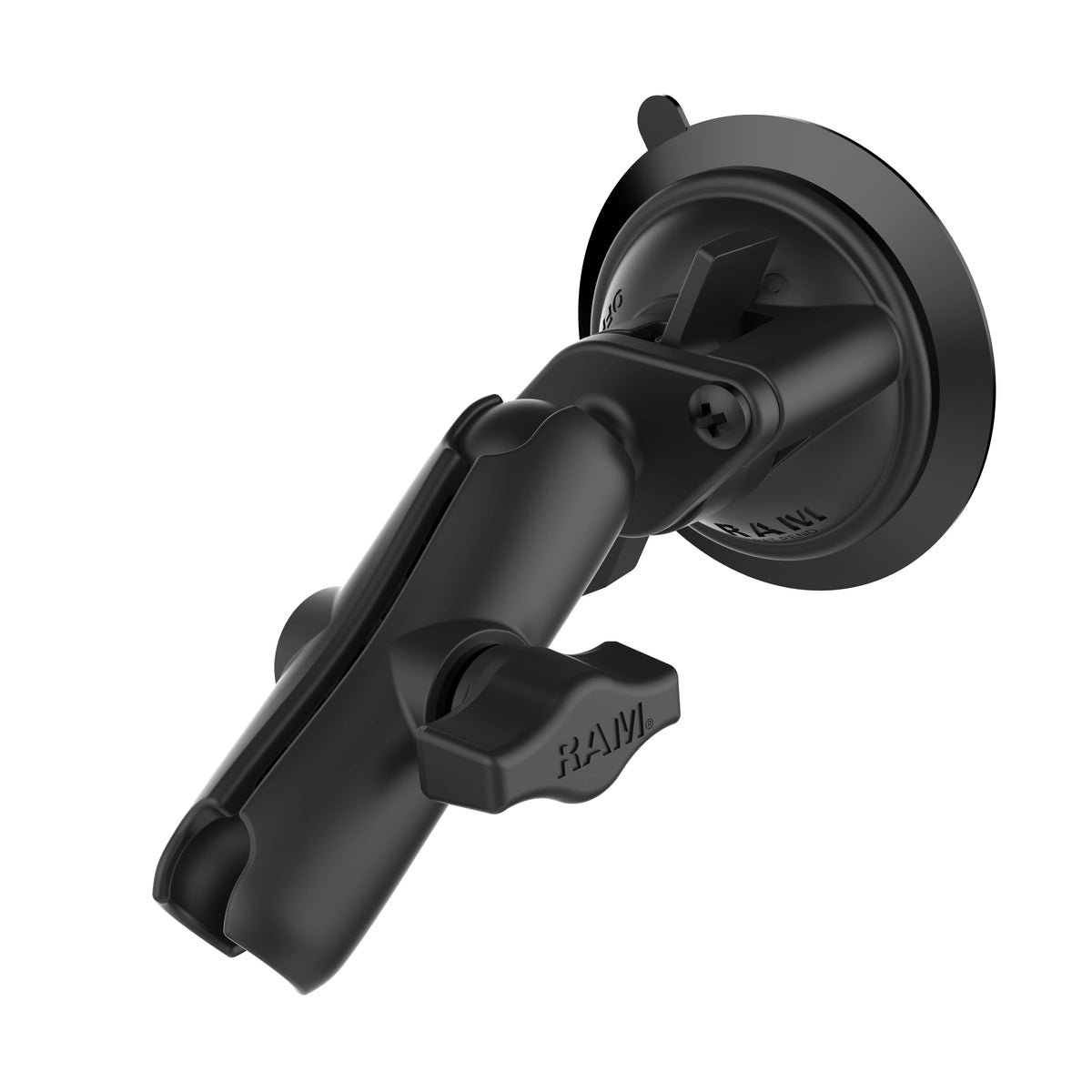 Official RAM image of the identical suction base and medium B-size arm configuration with open upper socket, supplied as a Modest Mounts component bundle