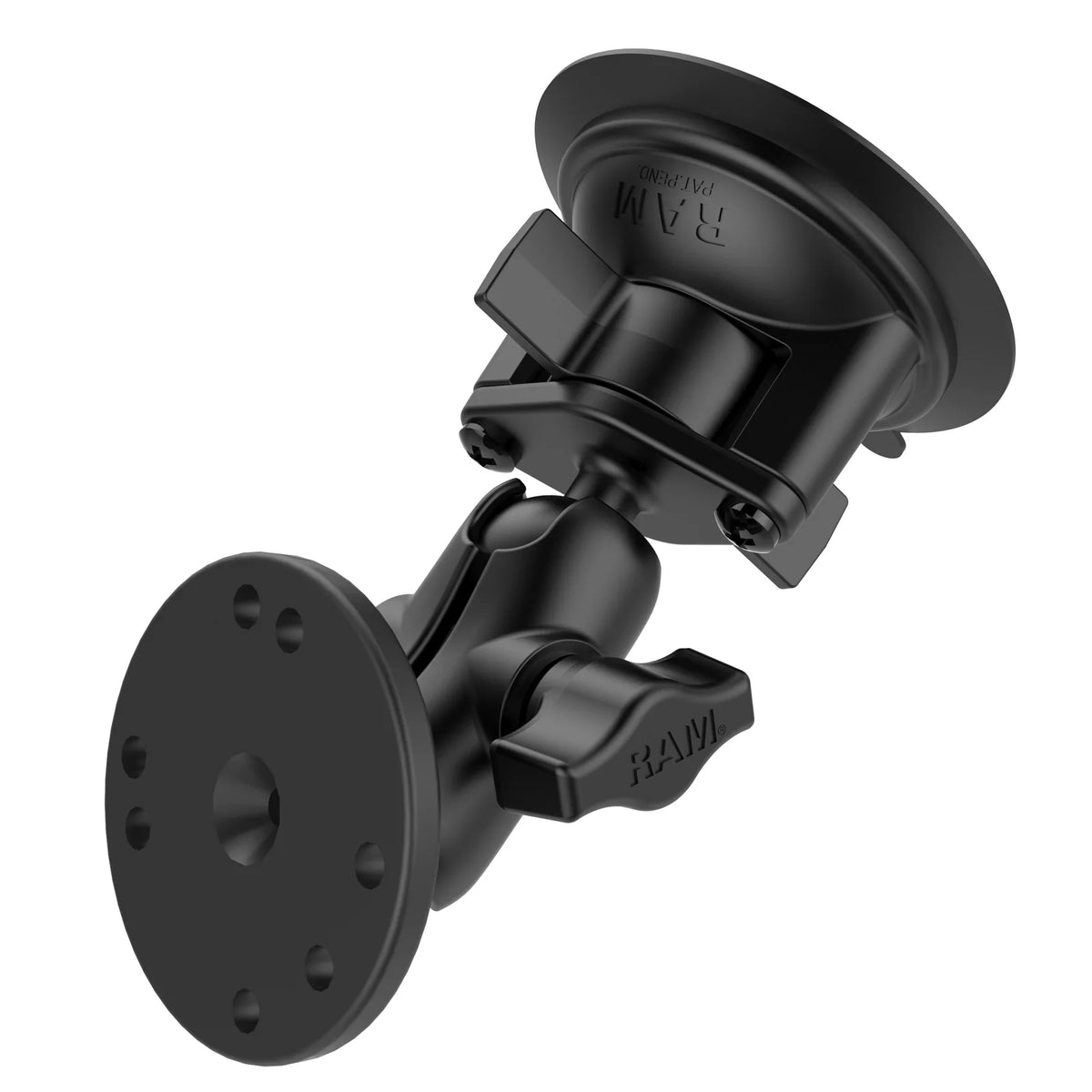 Official RAM image of the identical short suction, B-size arm and round plate configuration supplied as a Modest Mounts component bundle