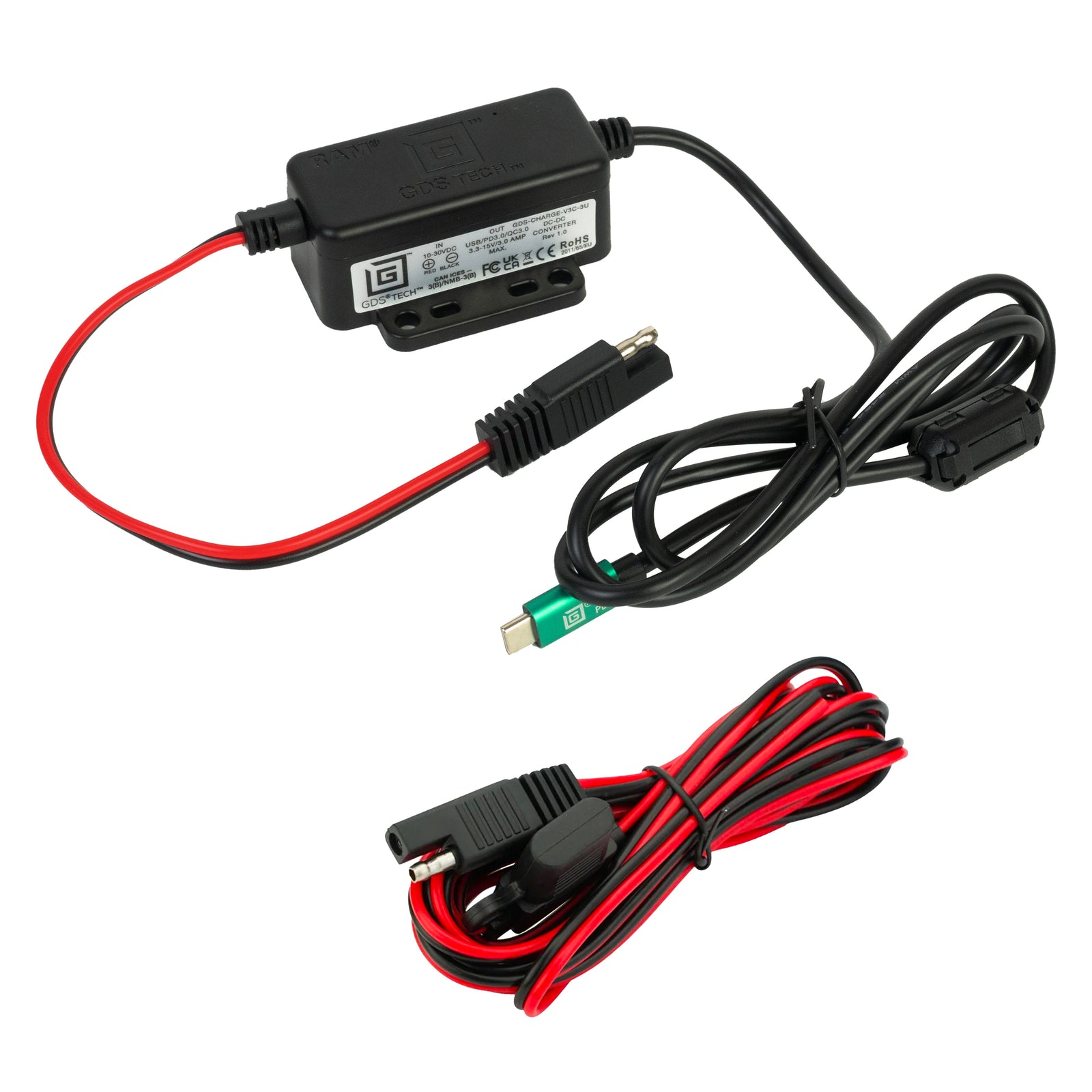 RAM-GDS-CHARGE-V3C-3U modular 10-30V USB-C hardwire charger with input and output leads