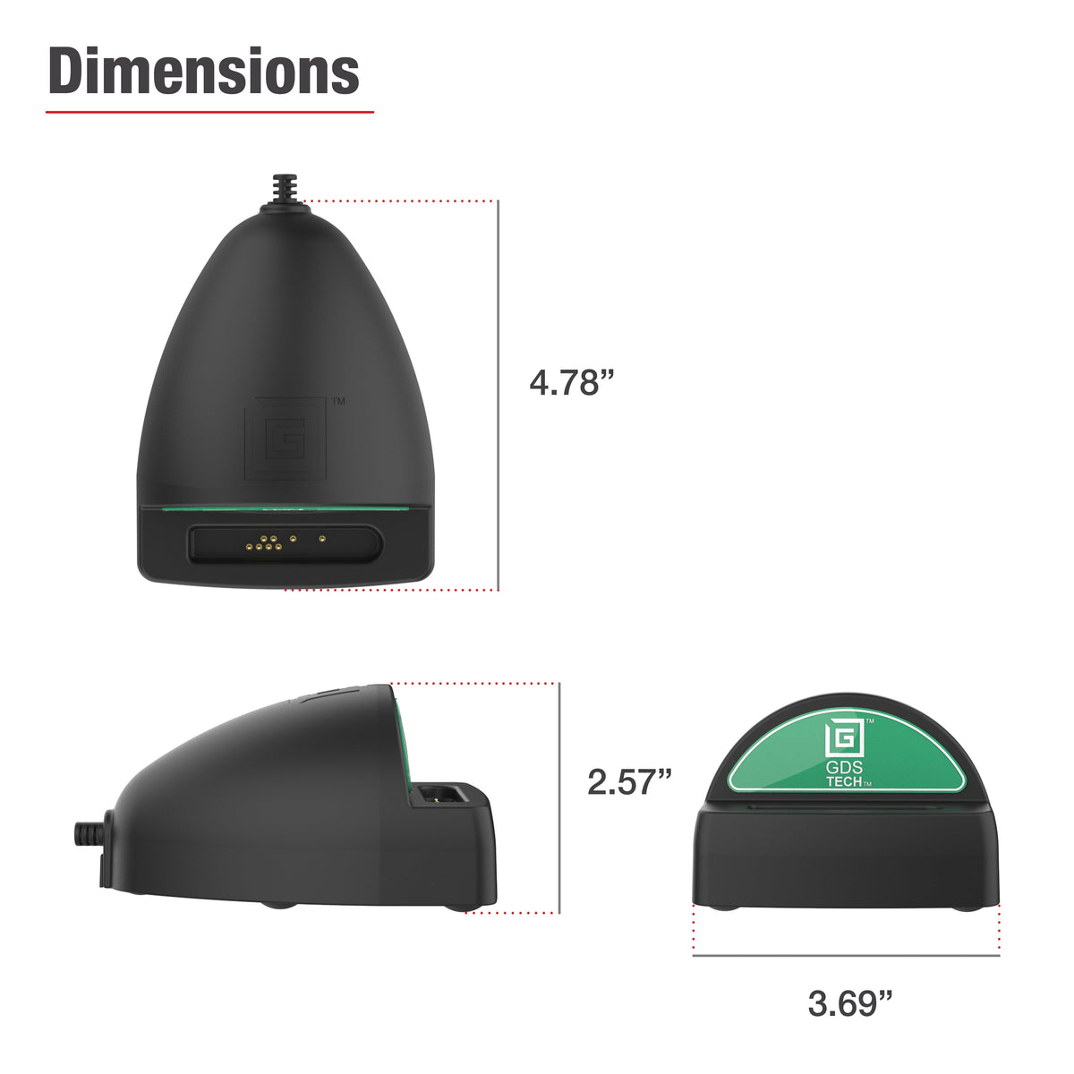 RAM-GDS-DOCK-D9U overall dock dimensions: 3.69 inches wide, 2.57 inches high and 4.78 inches deep