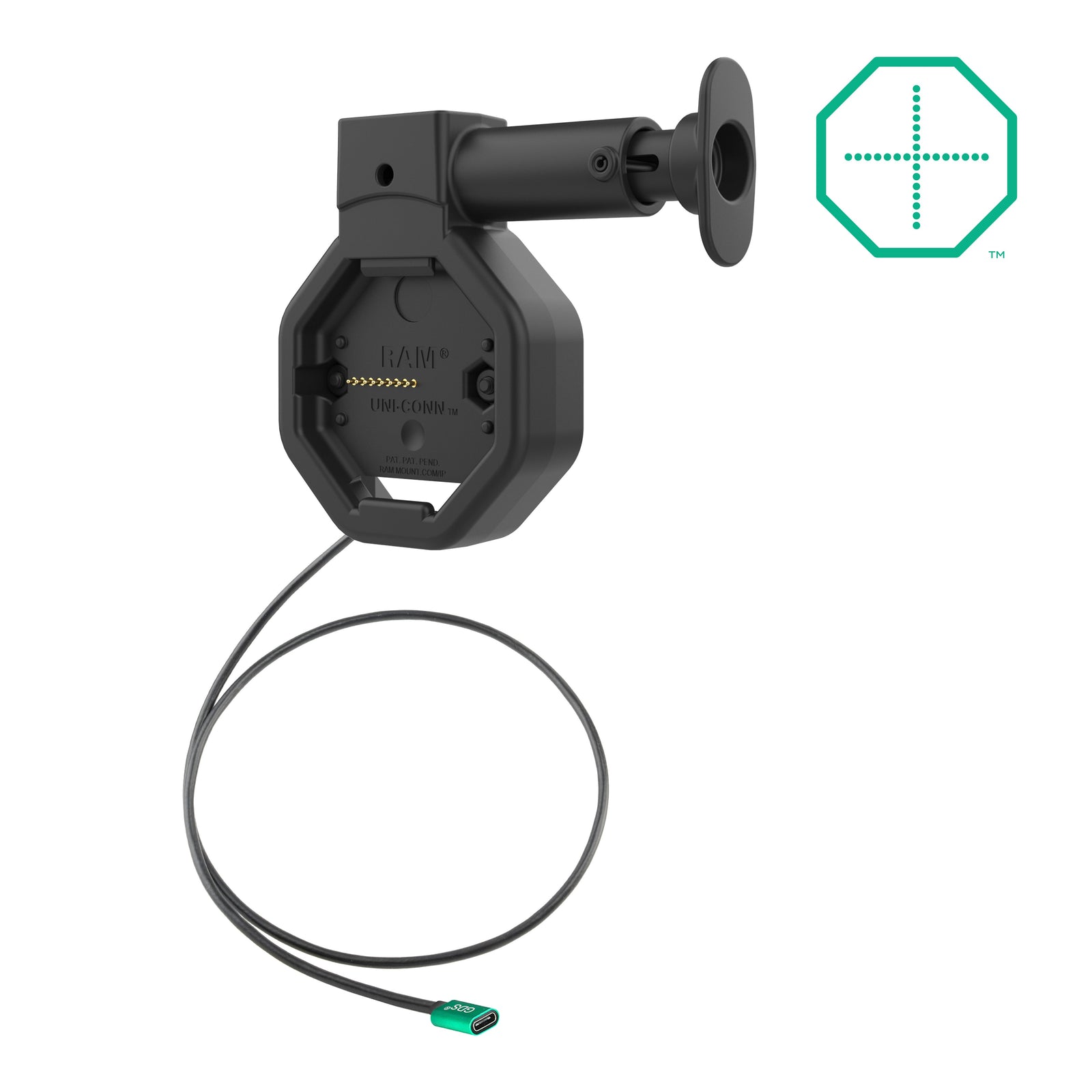 RAM-GDS-DOCK-U5CPU black rear-pogo USB-C charging dock and power lead