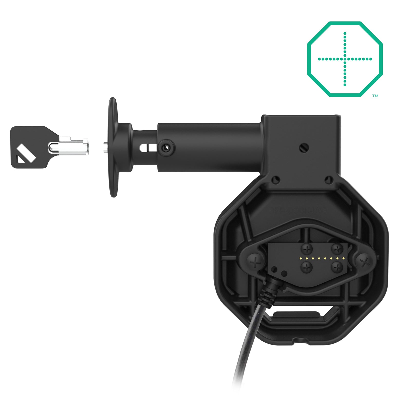 RAM-GDS-DOCKL-U5CPU rear view showing 2-hole AMPS mounting interface and release assembly with key lock