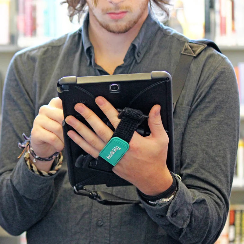 RAM-GDS-HS1U hand strap in use on an IntelliSkin tablet; tablet, case and shoulder strap not included