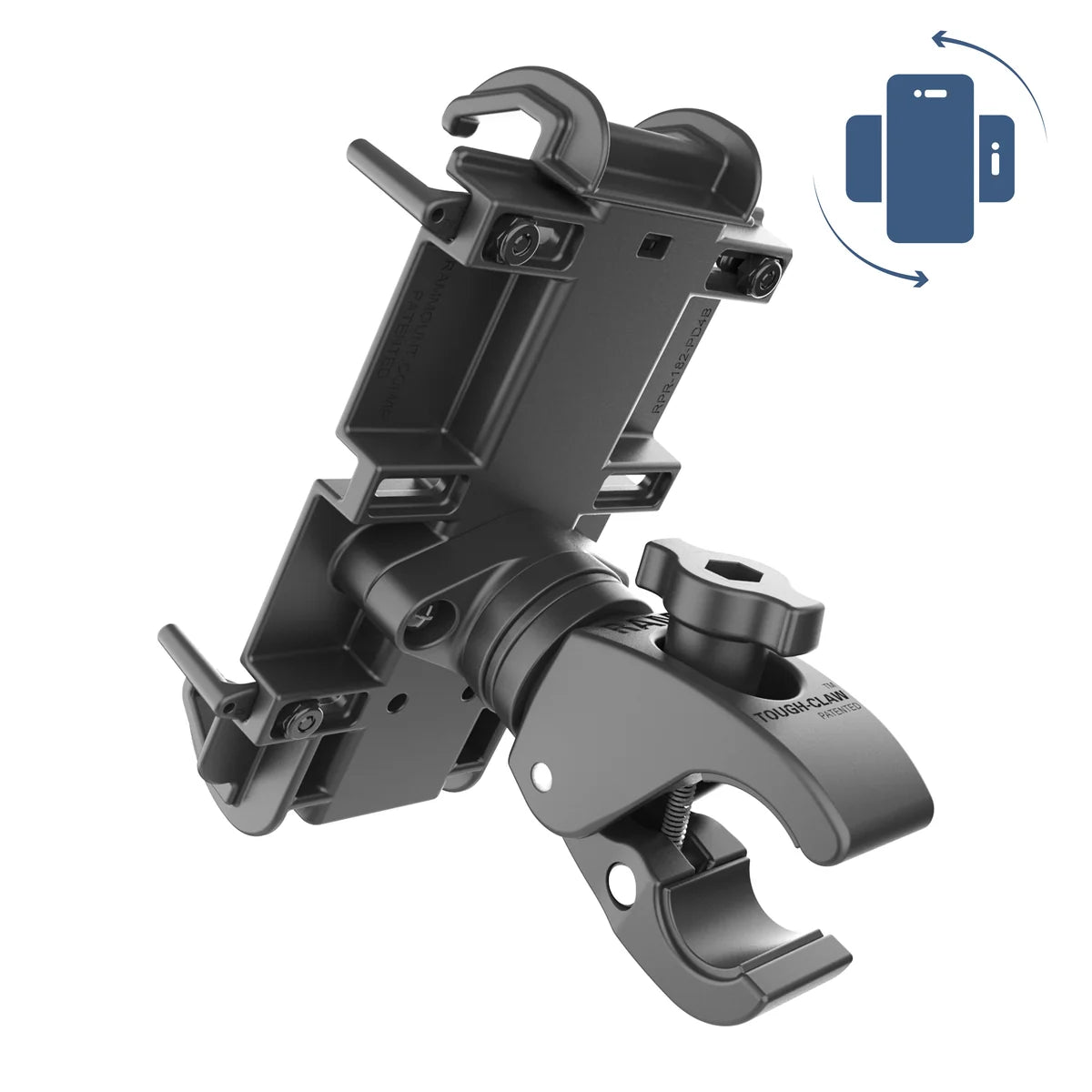 RAM-HOL-PD4-400-1RU Quick-Grip XL rotating Tough-Claw mount, rear angled view