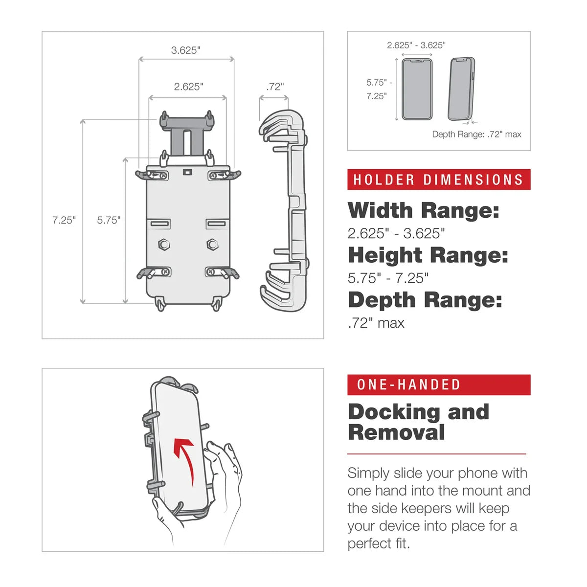 RAM Quick-Grip XL holder dimensions and one-handed insertion guide